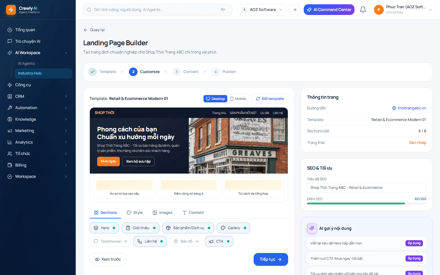 Giao diện Crewly AI Content Agent