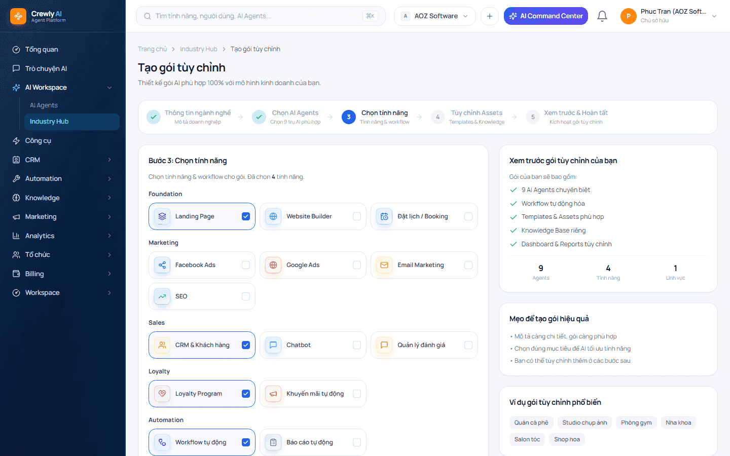 Chọn tính năng & workflow theo đúng luồng vận hành